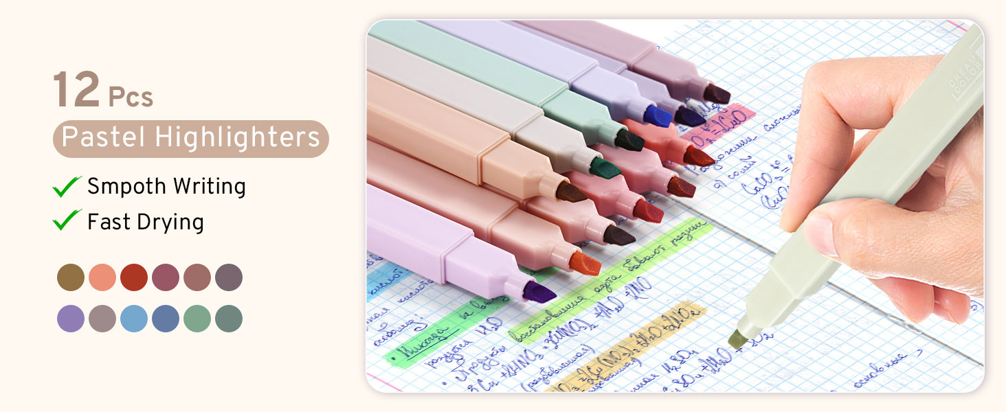 Set of 12 pastel highlighters in various colors. Features smooth writing and fast drying. Shown in use highlighting text on paper with color swatches displayed.