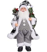 12" Christmas Santa Figurines Standing Black and White Buffalo Plaid Santa Claus Figure Holding G...