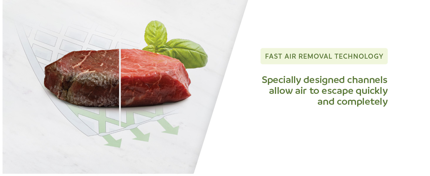 Meat on a surface with text about fast air removal technology