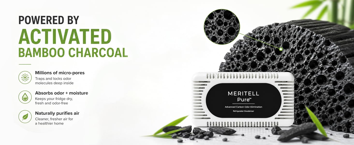 Activated bamboo charcoal infographic showing micro-pore odor absorption