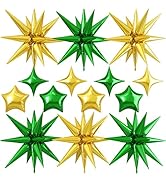 14pcs Green Gold Star Balloons, Mixed Star Foil Balloon, 22Inch Explosion Stars Balloons with 10I...