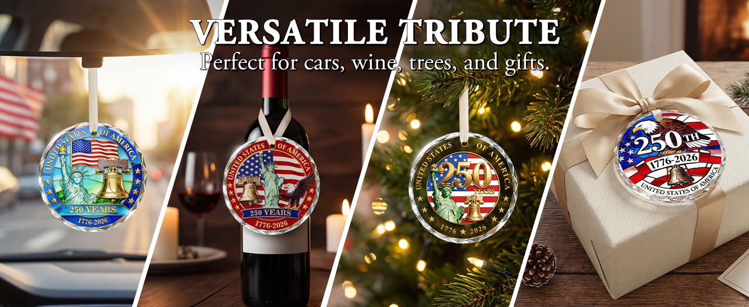 Crystal America 250 merchandise. Patriotic decorations for home, car, wine, and gifts.