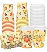 48 Pack Fall Disposable Coffee Cups with Lids and Sleeves 12oz Pumpkin Paper Beverage Drinking Cu...