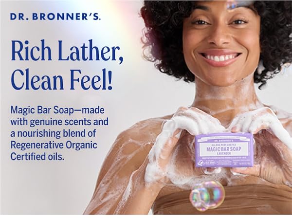 Dr. Bronners Magic bar Soap, nourishing blend of organic oils leaves skin fresh and renewed.