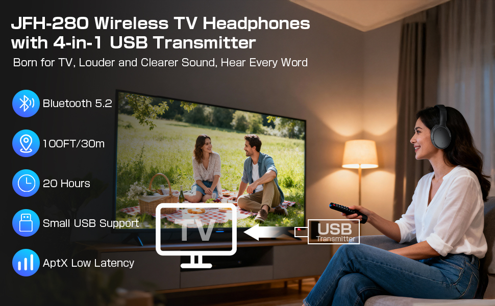 JFH-280 Wireless TV Headphones with 4-in-1 USB Transmitter