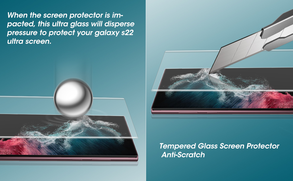 Tempered glass screen protector for Galaxy S22 Ultra. Two panels show impact resistance with metal ball and anti-scratch properties.
