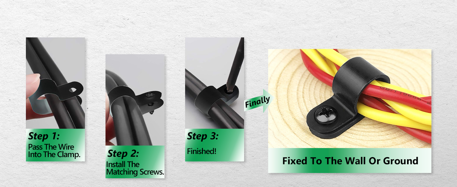 Step-by-step installation guide showing black mounting clips being secured, with final image showing cable management on wall or ground.