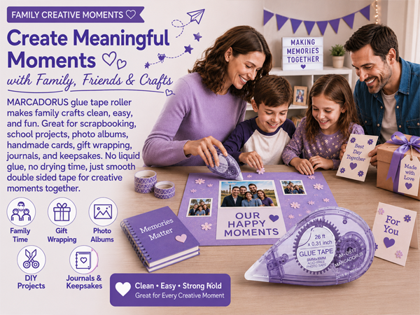 Family using glue tape roller for crafts cards gifts and albums