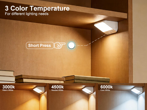 Text reads "3 Color Temperature", "For different lighting needs", "Short Press", "3000k Warm", "4500k Neutral", "5000k Cool". LED panel light with three color temperature settings displayed in room installation showing warm, neutral, and cool lighting options.