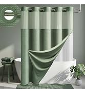 Dynamene Sage Green Hook Free Shower Curtain & Snap in Fabric Liner with Magnets, Waffle Weave Sh...