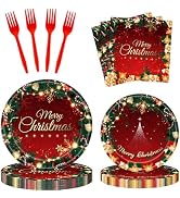 100 Pcs Merry Christmas Party Supplies - Serves 25, Red Green Holiday Disposable Tableware, Inclu...