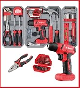 Hi-Spec 58pc Red 8V Electric Drill Driver & Household Tool Kit Set. A DIY Cordless Power Screwdriver