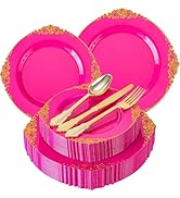 Joyido 125PCS Hot Pink Plastic Plates - Pink Disposable Plate - Elegant Party Plates with Gold Pl...