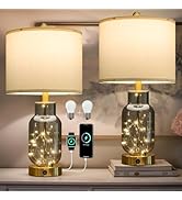 Oneach 22" Glass Table Lamps Set of 2, Gray Modern Bedside Lamp with LED Night Light for Living R...