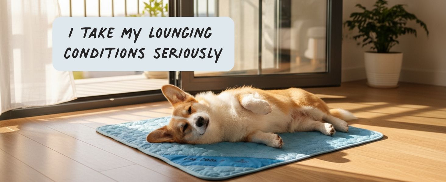 corggie dog lying on a cooling mat in the sun