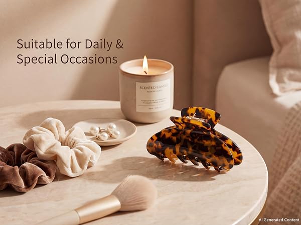 Text reads 'Suitable for Daily & Special Occasions'. Cream-colored candle in wooden container with beaded bracelet and decorative items on neutral surface.