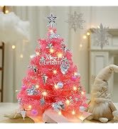 Juegoal Pink Mini Christmas Tree, 24 Inch/2 FT Lighted Tabletop Artificial Xmas Pine Tree, Small ...