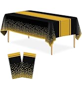 LIKAJON 2 Pack Black and Gold Tablecloth Party Decorations Plastic Black Tablecloth Printed Gold ...