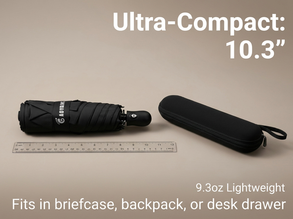 Ultra-compact 10.3-inch folded black umbrella with case and ruler, fits briefcase or backpack