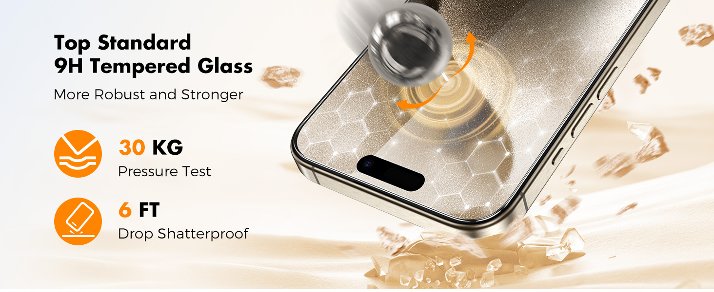 Product illustration showing 9H tempered glass screen protector features, including 30KG pressure test and 6FT drop shatterproof capabilities.