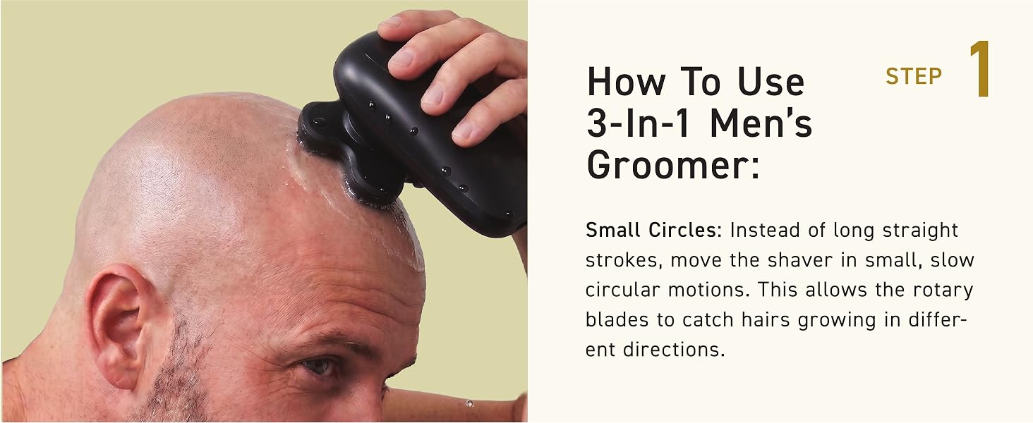 Man using 3-in-1 Groomer on bald head showing step 1 in how to use