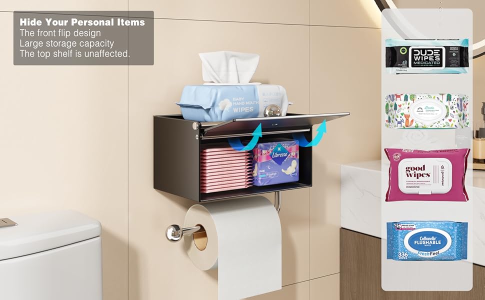 black toilet paper holder with wipes dispenser