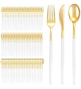 I00000 300 Pcs Gold Plastic Silverware - Gold Disposable Silverware - Heavy Duty White and Gold P...