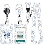 Teacher ID Badge Holder with Lanyard - Cosmisun Blue Floral Badge Holder with Retractable Badge R...