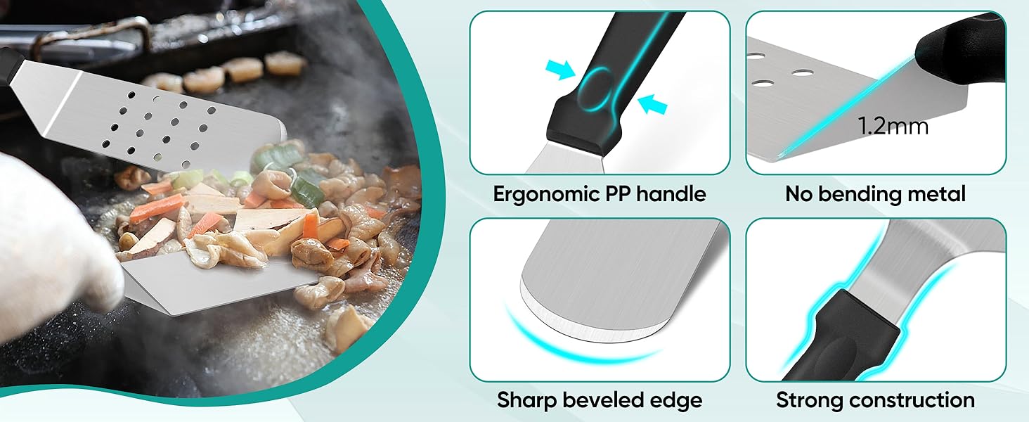 Metal griddle spatulas are made of high quality stainless steel with heatproof plastic handle.