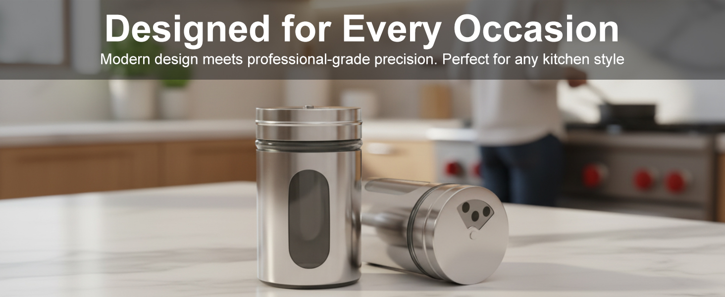 Modern stainless steel salt and pepper shakers for kitchen counter decor and professional cooking.