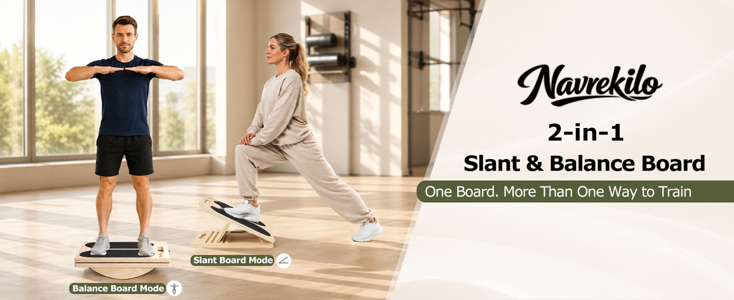 2-in-1 slant and balance board for stretching, balance training, and home fitness.