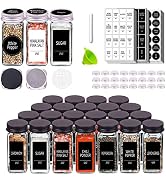 25 Spice Jars with Labels - 4 OZ Glass Spice Containers with 25 Black Metal Caps & 25 Silver Meta...
