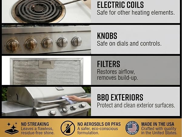Cleans coils, knobs, filters and stainless steel without streaks. No PFAS or aerosols.