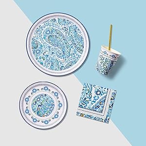 blue and white party supplies