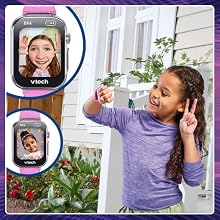 Kid takes a fun selfie. Close ups of DX4 screen show effects kids can apply to their photos.