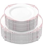 Bestluck 100 PCS White and Rose Gold Plastic Plates for 50 Guests, Rose Gold Disposable Plates In...