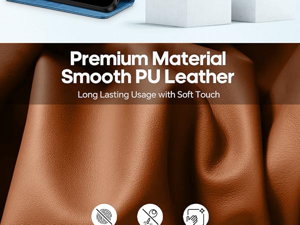 Text reads "Premium Material Smooth PU Leather Long Lasting Usage with Soft Touch". Close-up of cognac-brown PU leather material showing smooth texture, durability features, and tactile softness with care instruction icons below.