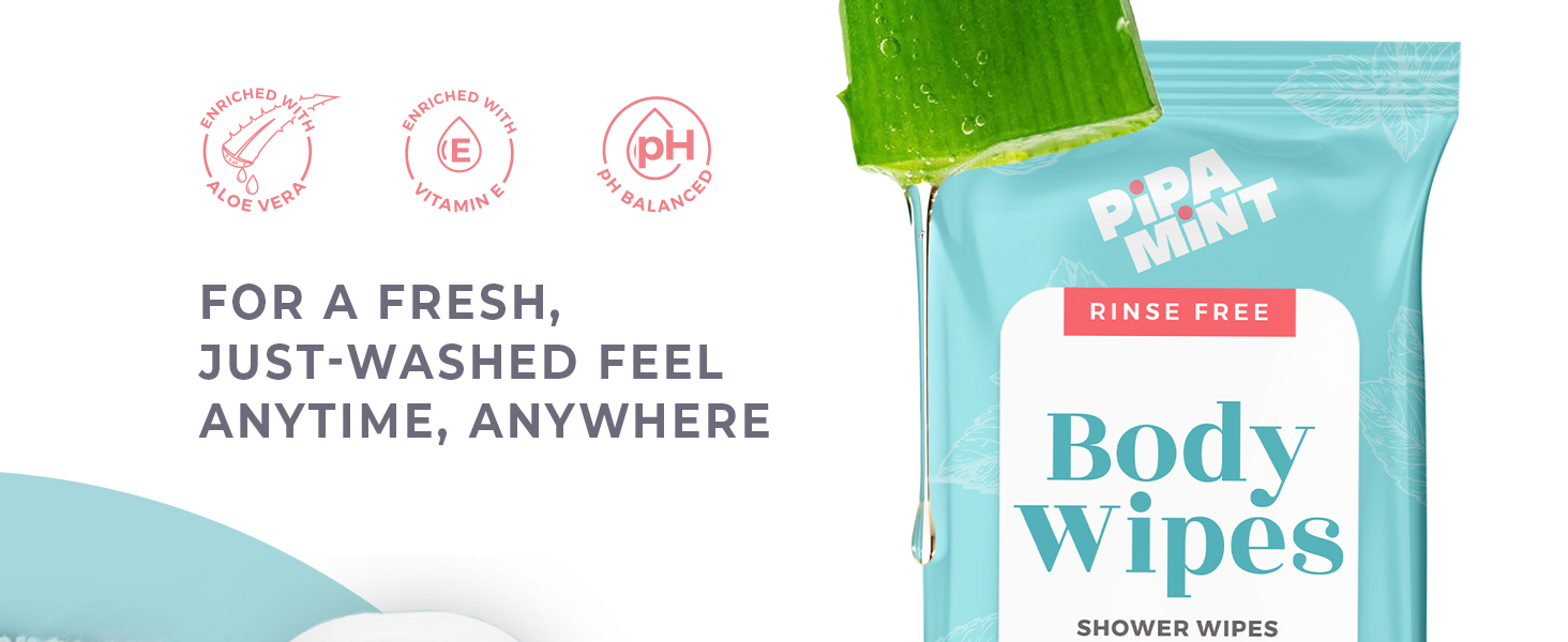 Pipa Mint Body Wipes for bathing no rinse fresh with aloe vera and vit E