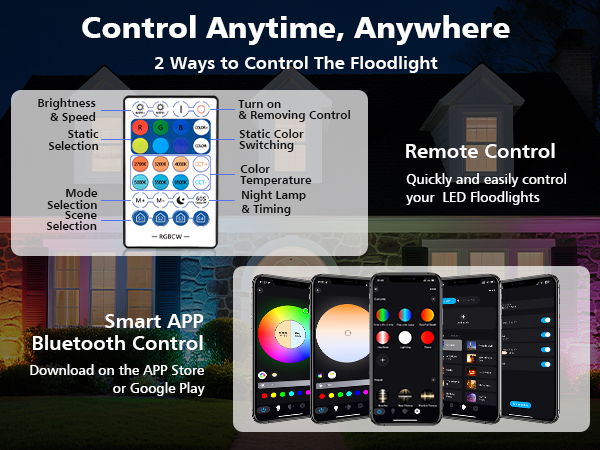 T-SUN 30W RGBCW LED Flood Lights Bluetooh and Remote-remote and smart control-m