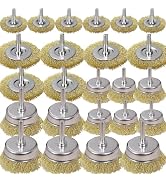 SBGGRL 24 Pcs Brass Wire Brush for Drills, Cup & Flat Crimped Wheel Sets | Sturdy Brass-Plated Ca...