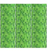 Calmi 3 Pack Green Foil Fringe Curtains Pixel Birthday Backdrop, 3.3x6.6ft Video Game Door Stream...