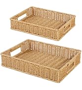 Fvstar 2pcs Woven Baskets Serving Trays with Handles, Poly Wicker Bread Basket Rectangular Platte...