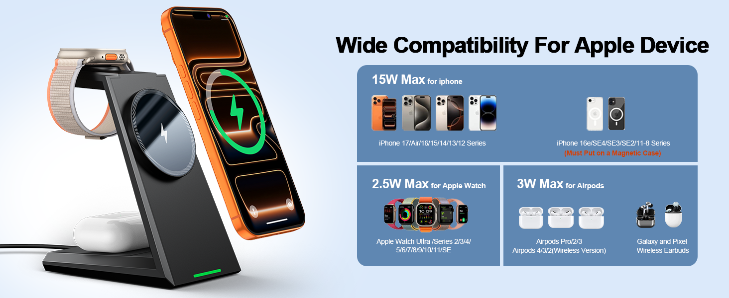 Wide compatibility for Apple devices - 15w max for iphone 17 16 15 14 13 12 series