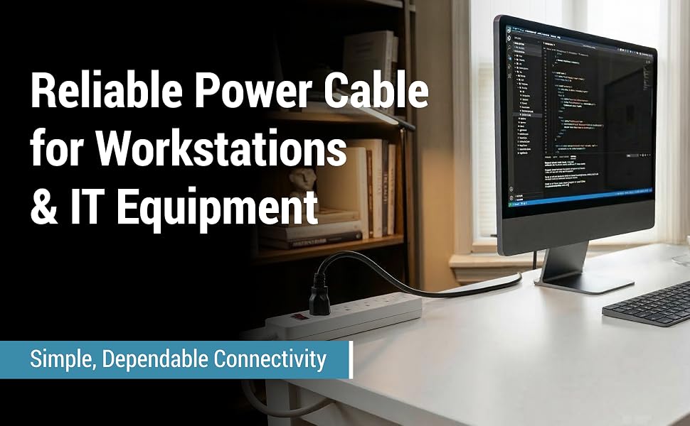 Desktop computer on a desk connected to a power strip, workstation, and IT equipment use.
