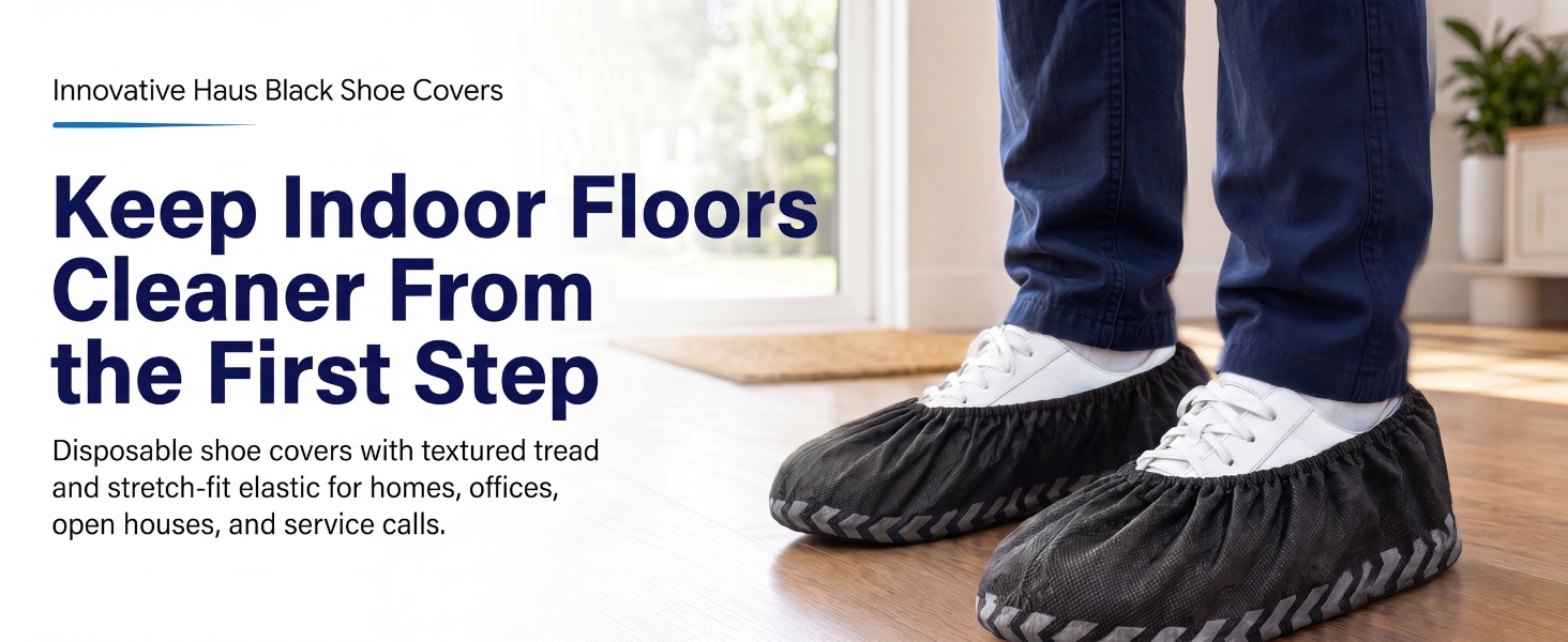 Black disposable shoe covers over white sneakers on an indoor wooden floor