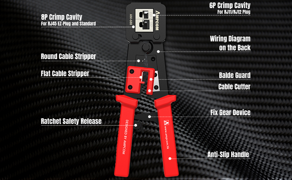 AMPCOM 3 in 1 8P/RJ45, 6P/RJ12 RJ11 Crimp/Cut/Strip cat6 Crimping ToolB0BFBCBWFQ