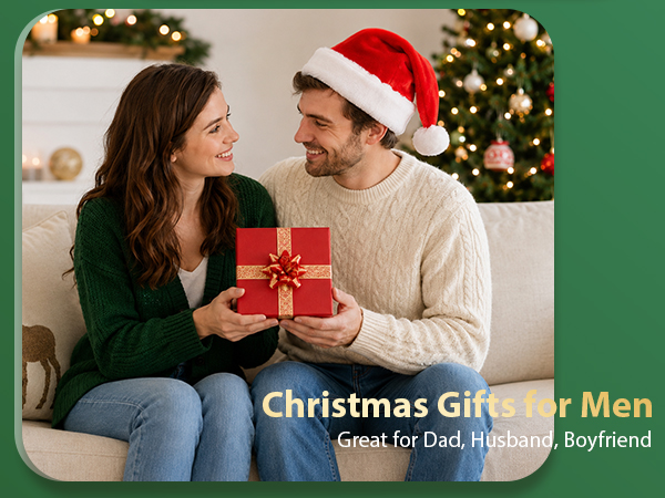 Text reads 'Christmas Gifts for Men' and 'Great for Dad, Husband, Boyfriend'. Festive photo of couple exchanging red wrapped gift box with Christmas tree and holiday decorations in background.