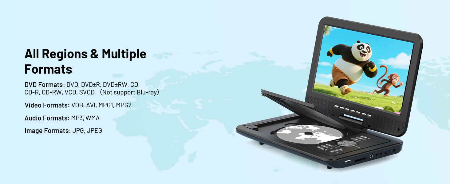 Region-free and supports DVD±R, DVD±RW, CD, CD-R, CD-RW, VCD, VOB, AVI, MPG1, MP3, WMA, JPG, JPEG