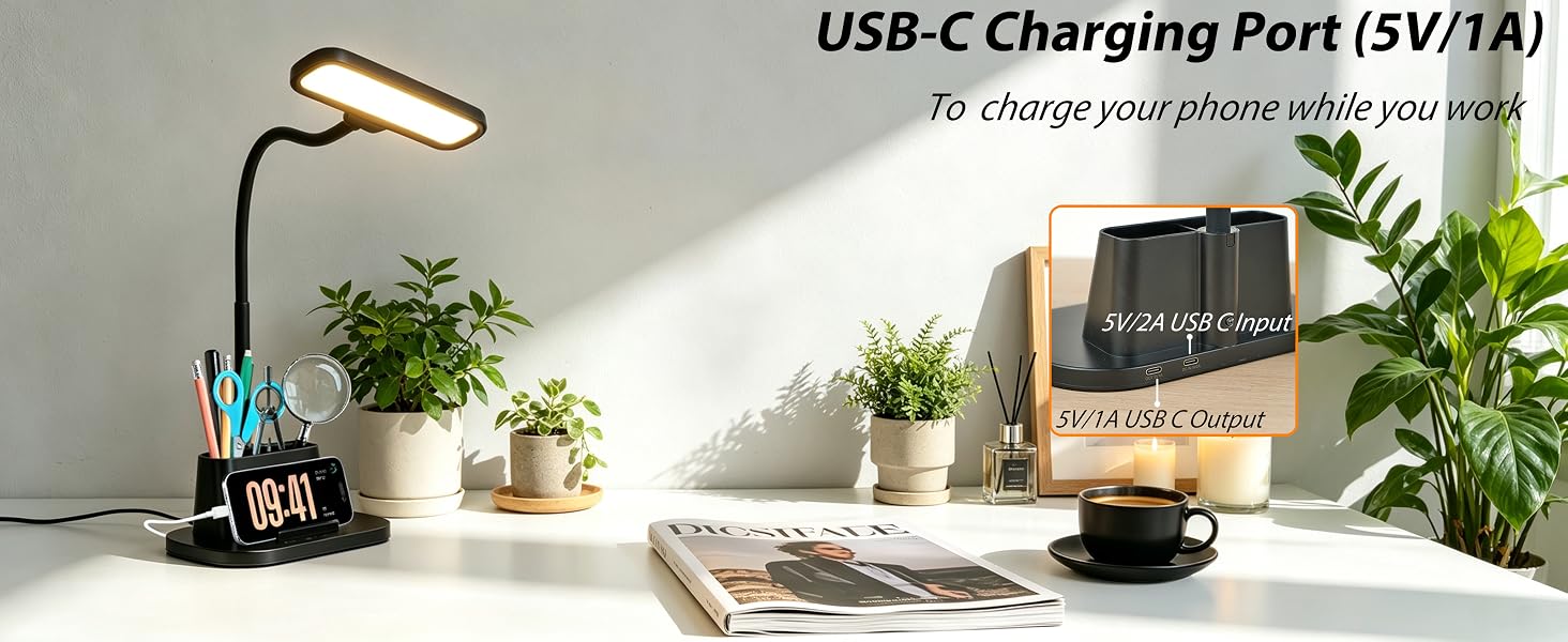 LED Desk Lamp for Dorm Room with Pen Holder USB Charging Port Small Reading Light for Home Office