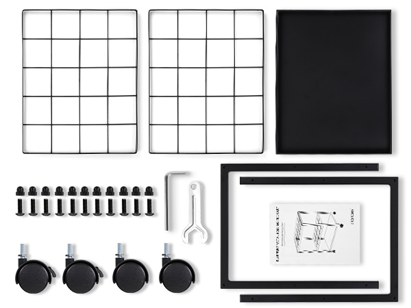 Components include:2 grid panels,1 base panel,2 supports,4 wheels,12 screws